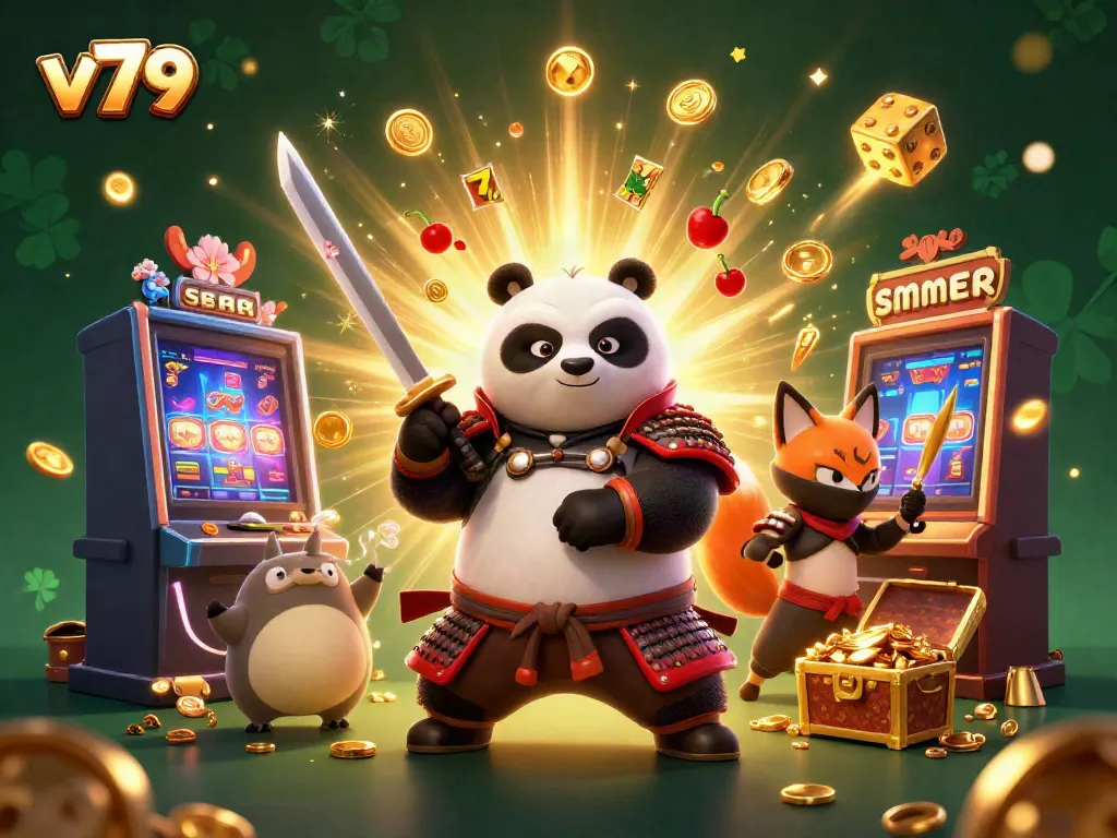 Experience the excitement of v79 casino with a dynamic 3D illustration featuring a fierce panda samurai, golden shuriken, and jackpot explosions.