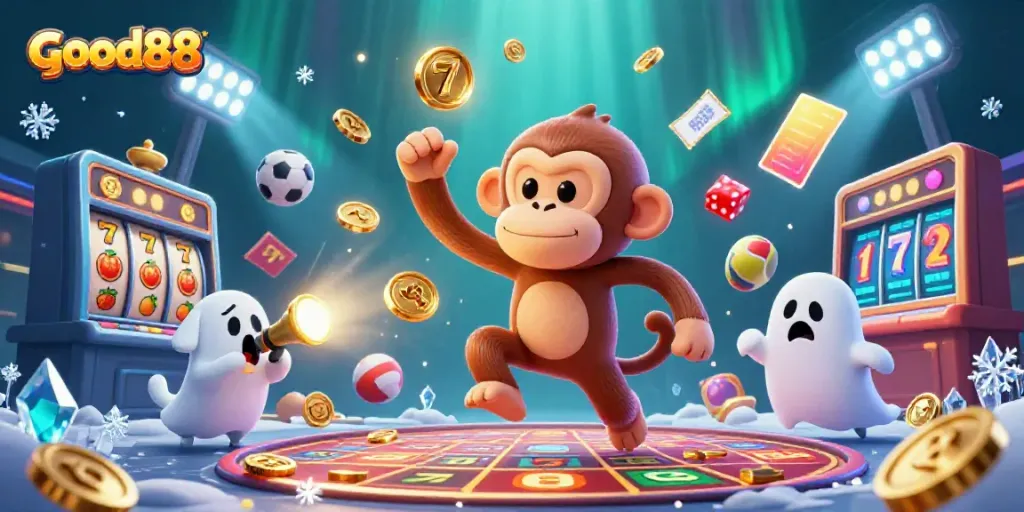 Join the thrilling world of good88 with a playful poltergeist monkey and ghost-hunter puppy in a vibrant casino scene.