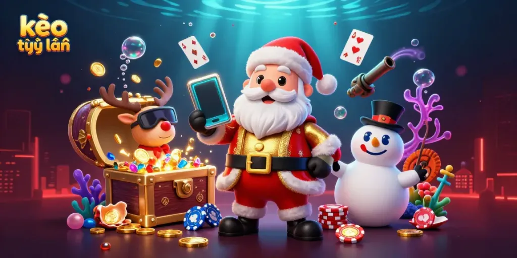 Win big with kèo trực tuyến illustrated by a festive Santa in a casino-themed underwater adventure.