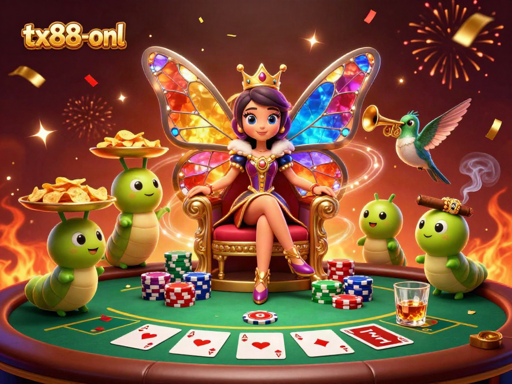 Engage with the tx88-onl casino experience featuring a vibrant butterfly queen and dynamic poker elements.