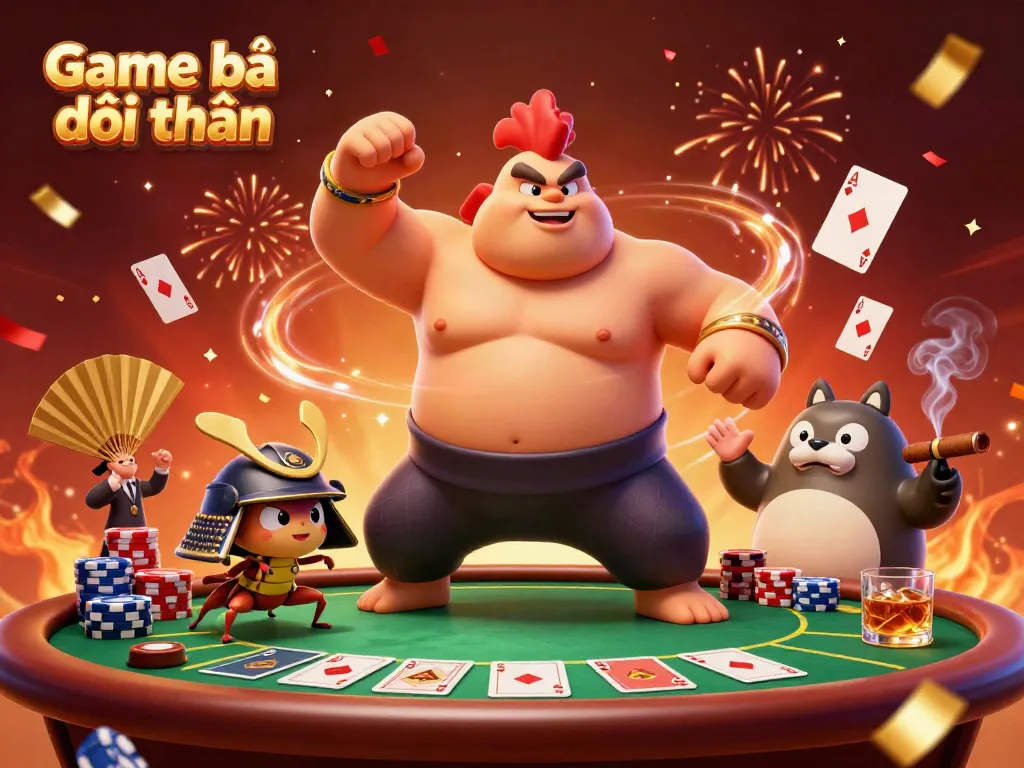 Engage in Game bài đổi thưởng featuring a powerful sumo wrestler and samurai cricket in a vibrant casino atmosphere.