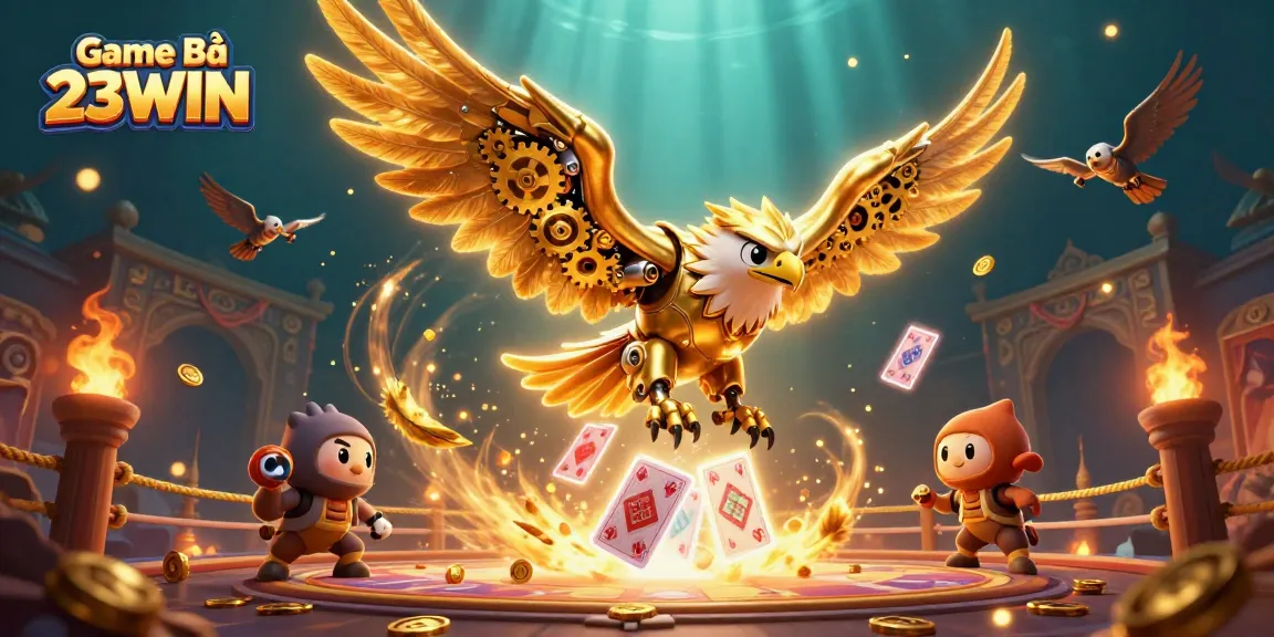 Play thrilling games at Game Bài 23WIN with a cybernetic eagle diving through holographic playing cards.