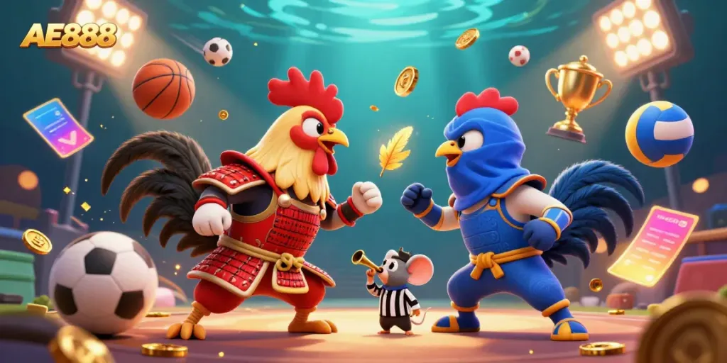 Experience thrilling action in AE888's fighting rooster showdown with vibrant elements of competitive gaming.
