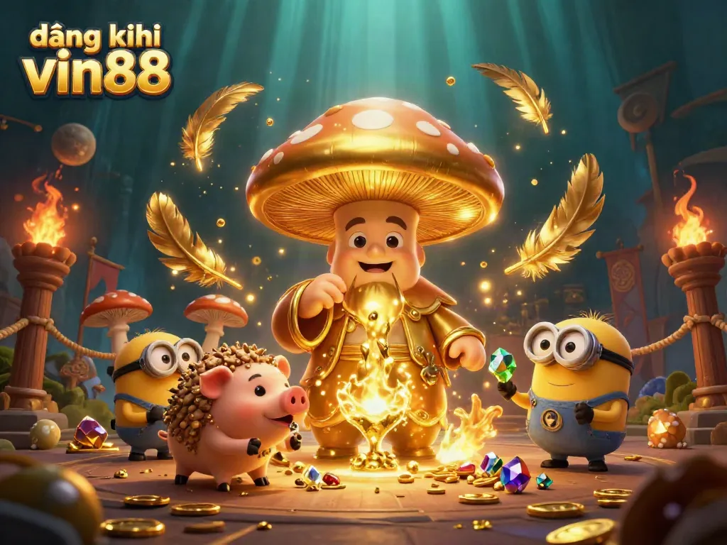 Experience the thrill of đăng ký vin88 with a vibrant illustration of a wizard turning everything to gold amidst glimmering treasures.