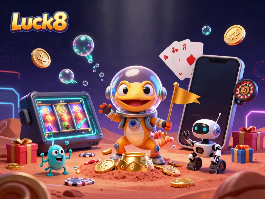 Luck8 Martian gecko discovers a golden casino with dynamic game elements in a vibrant 3D illustration.