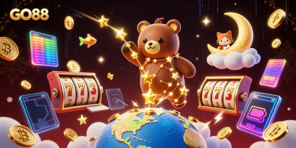 Spin and win with GO88 as a constellation bear collects coins amidst vibrant slot elements.