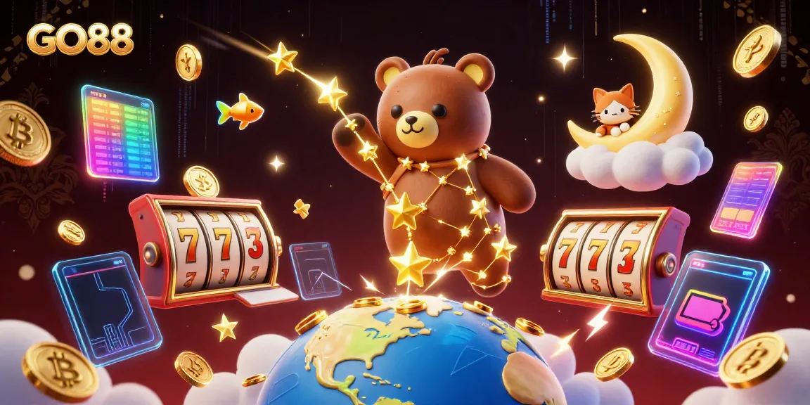 Spin and win with GO88 as a constellation bear collects coins amidst vibrant slot elements.