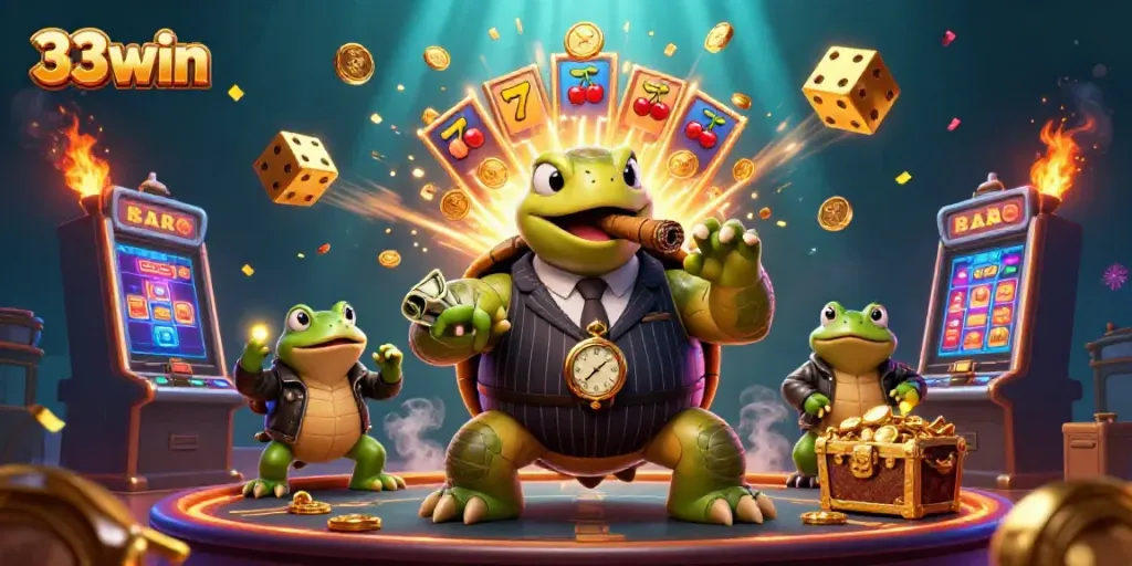Experience thrilling gaming with the lively 33win casino scene showcasing vibrant characters and slot machines.