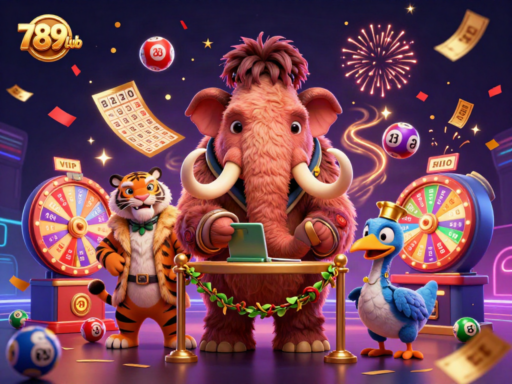 Experience the lively 789club scene with vibrant lottery elements and characters in action!