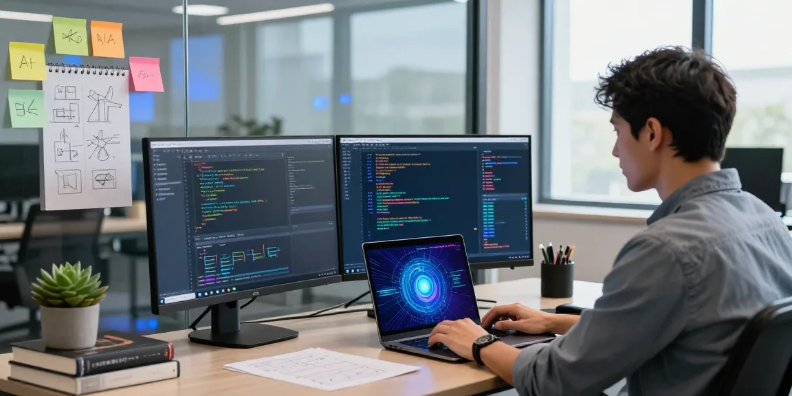 Innovative tech workspace showcasing juicy ai development with vibrant code, casual developer, and inspiring environment.
