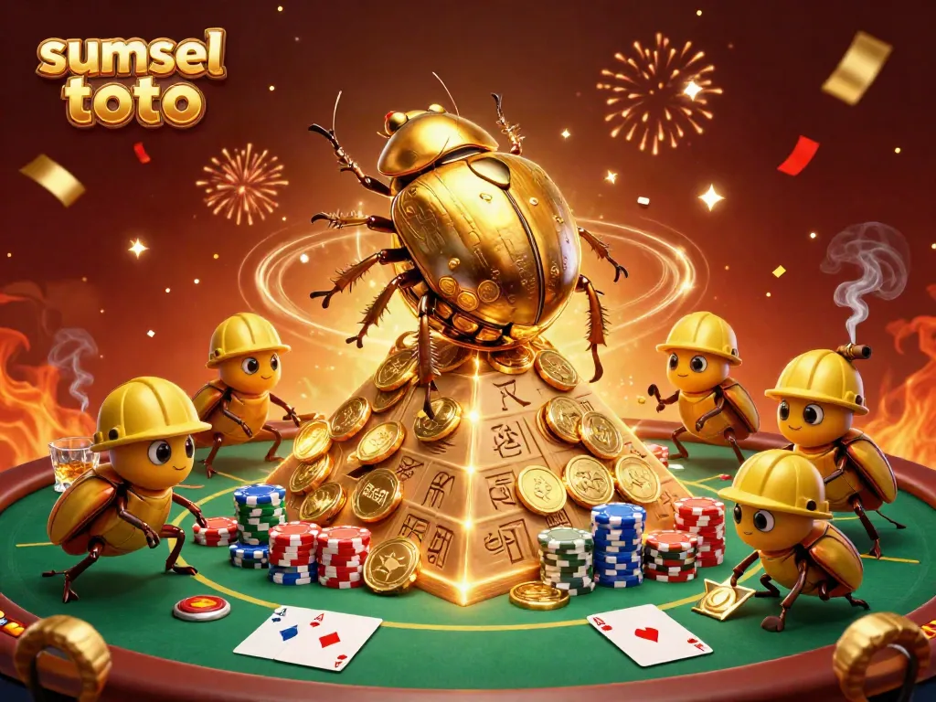 Experience thrill with sumsel toto as a golden beetle rolls coins, enhancing your casino adventure.