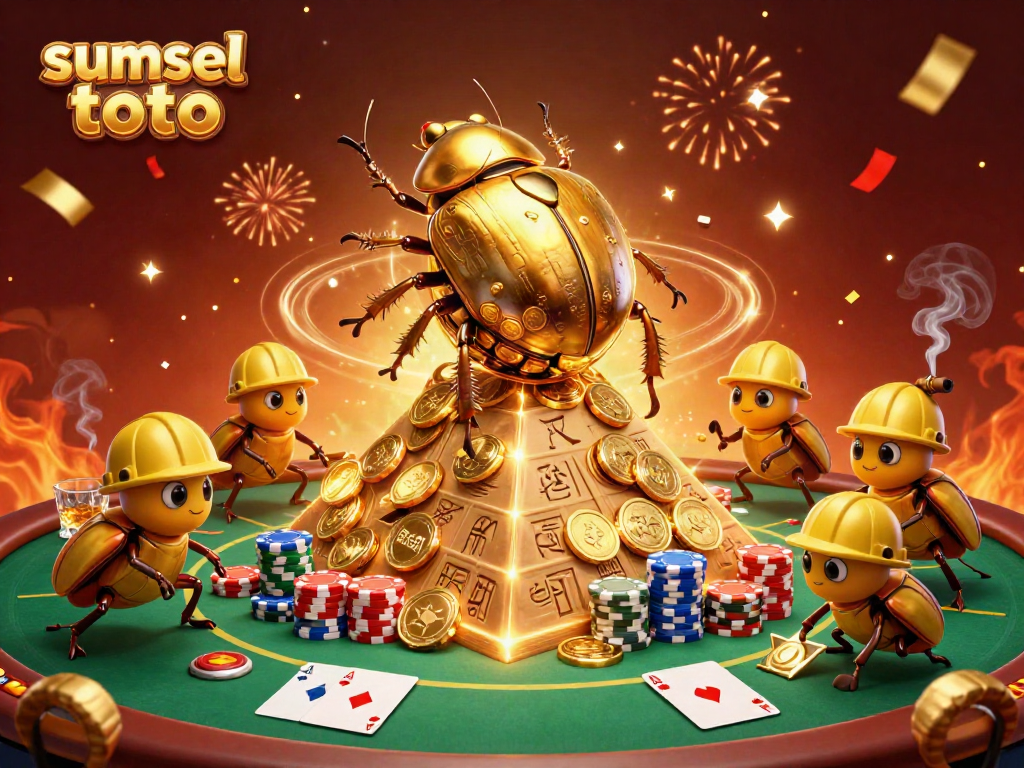 Experience thrill with sumsel toto as a golden beetle rolls coins, enhancing your casino adventure.