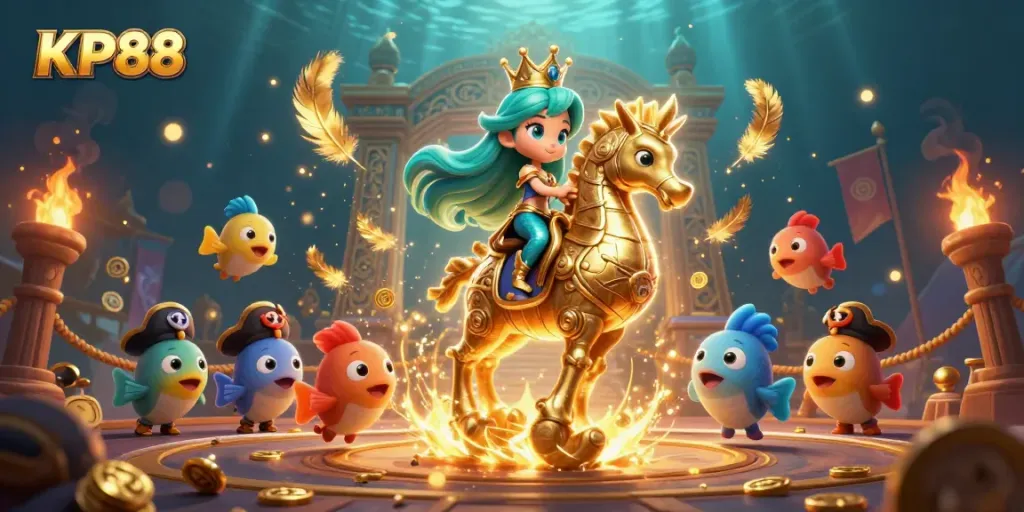 KP88 captures excitement with a mermaid riding a seahorse, surrounded by colorful fish and coins.