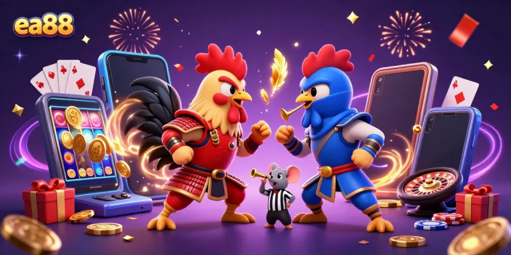 Engage in the thrilling battle of roosters at ea88 with exciting casino elements surrounding them.