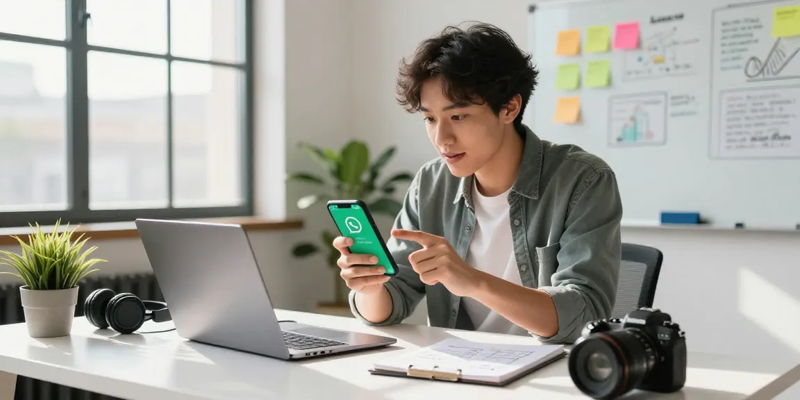 Using WhatsApp下載 on a smartphone in a modern workspace, highlighting a productive and innovative atmosphere.