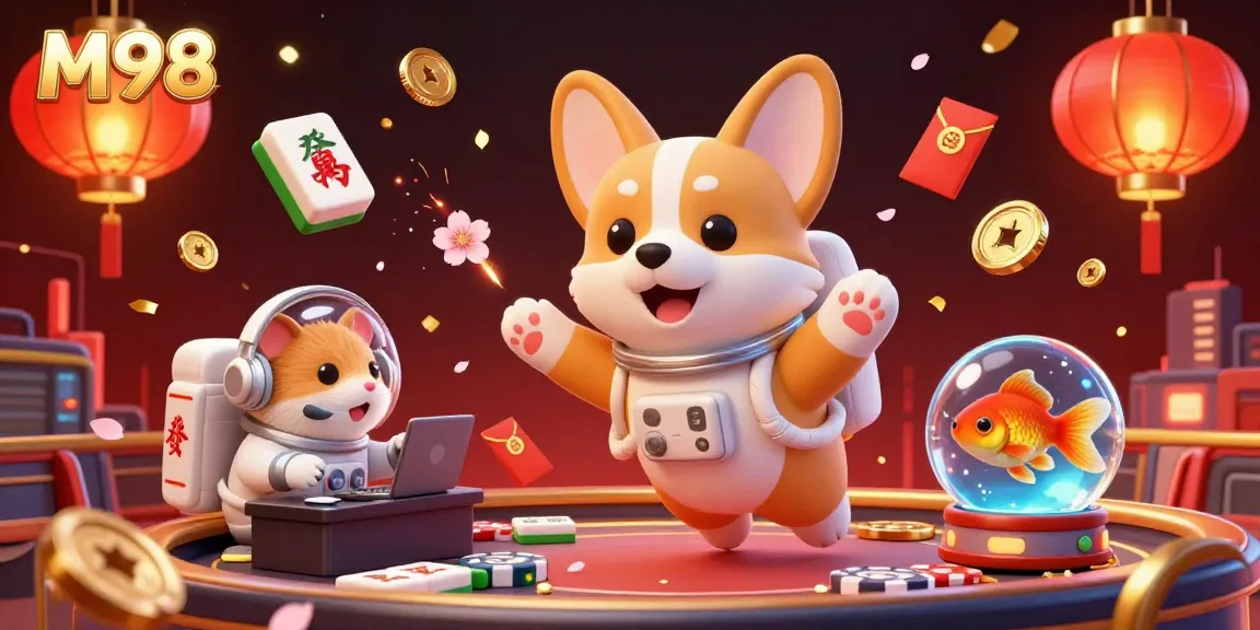 M98 showcases a thrilling casino experience with a cartoon astronaut corgi and mission-control hamster amid vibrant casino elements.