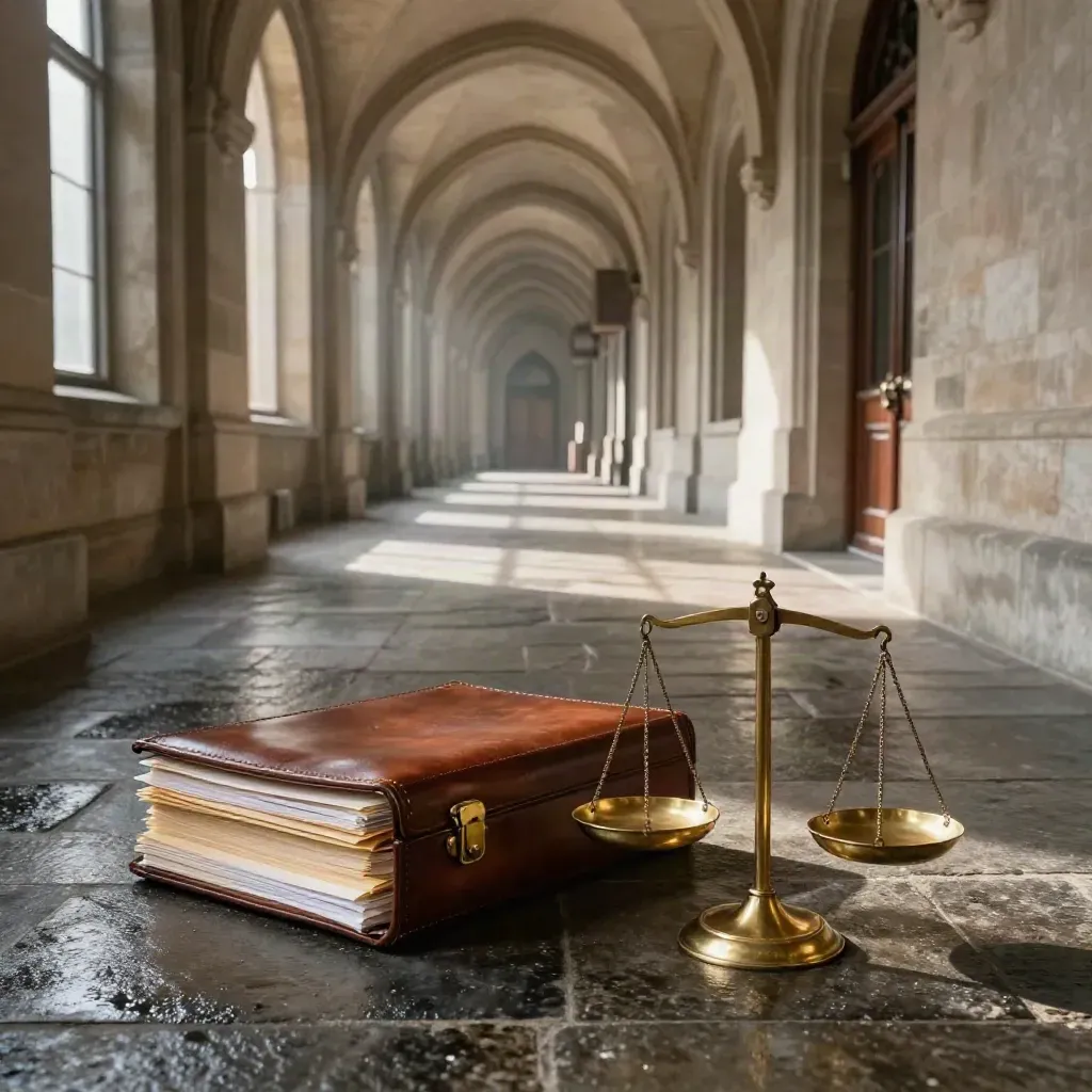 Stone courthouse passage with brass scales, leather case file and cream folders in moody rainlight.