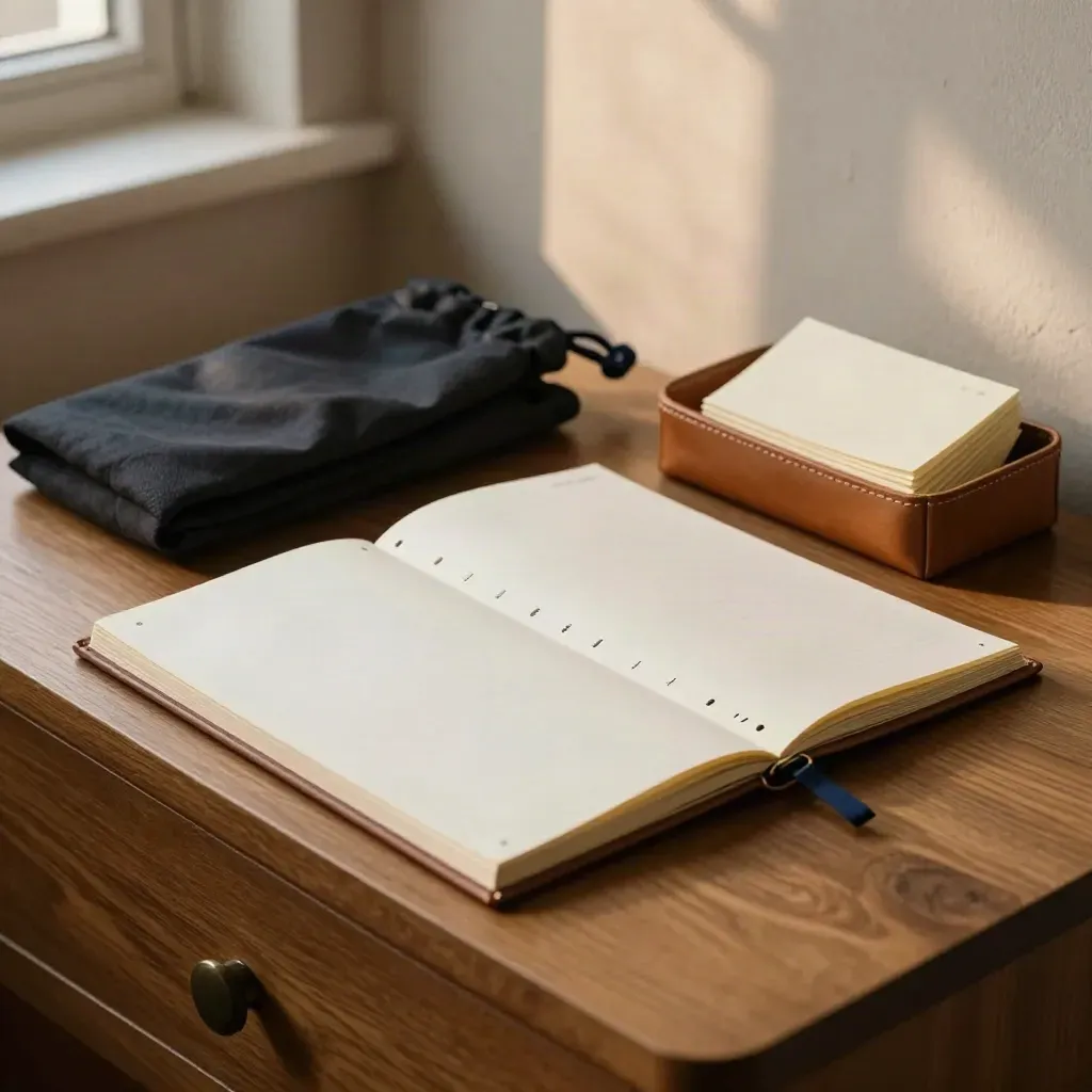 Open hearing prep folio, robe bag and note cards in a leather tray by a sunlit legal office window.