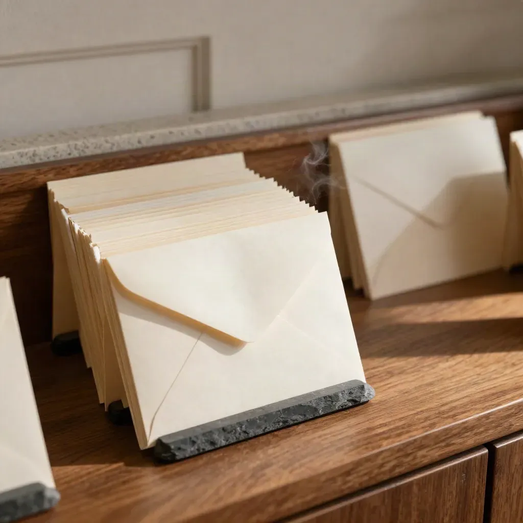 Blank case-step cards, slate stone paperweight and sealed envelope on a walnut court shelf.