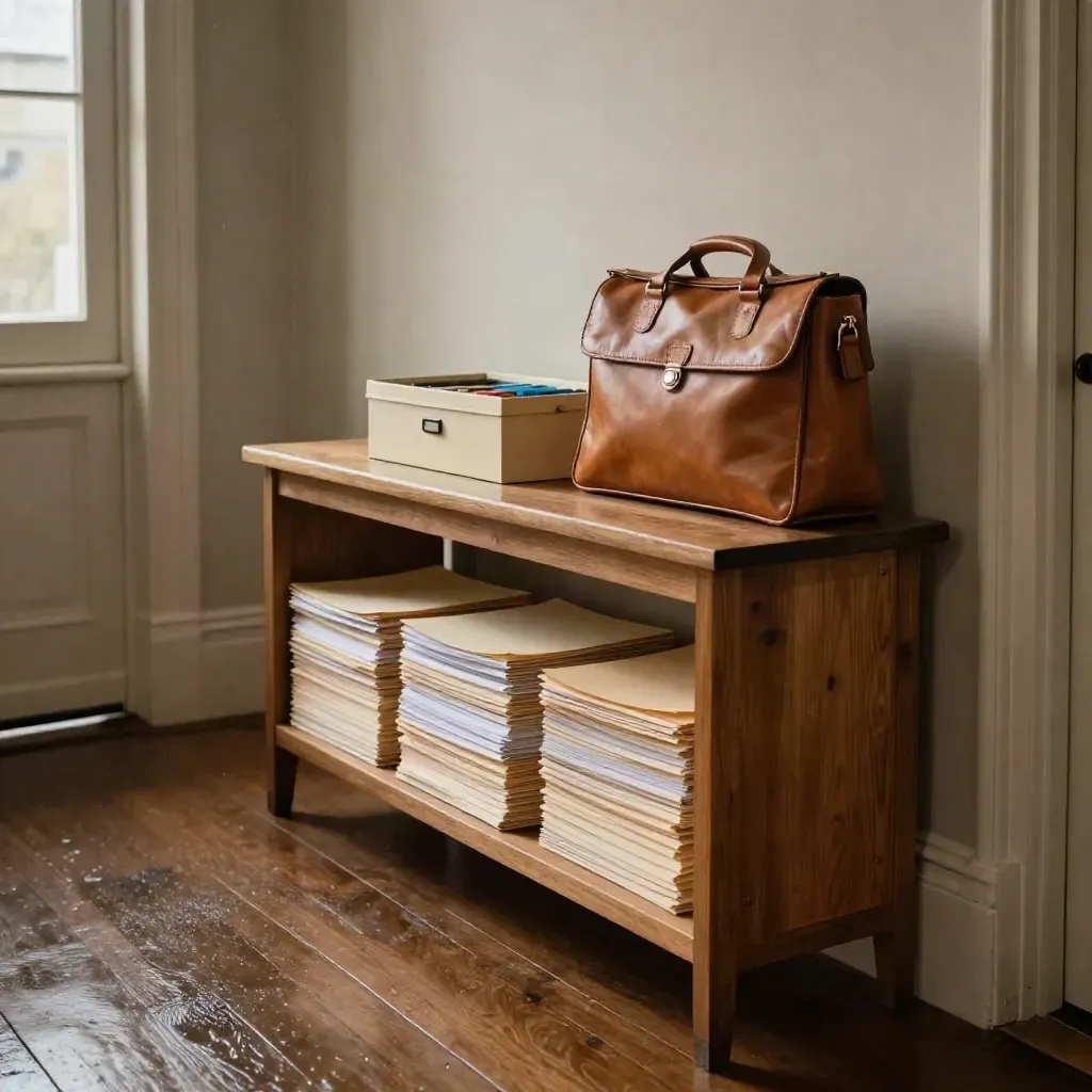 Cream case folders and a leather satchel on a hallway console in soft afternoon light.
