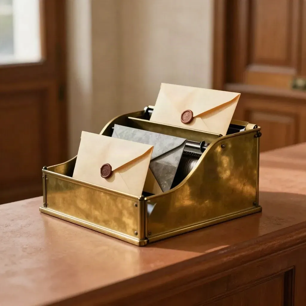 Brass letter sorter with three sealed envelopes and an ivory directory box in warm window light