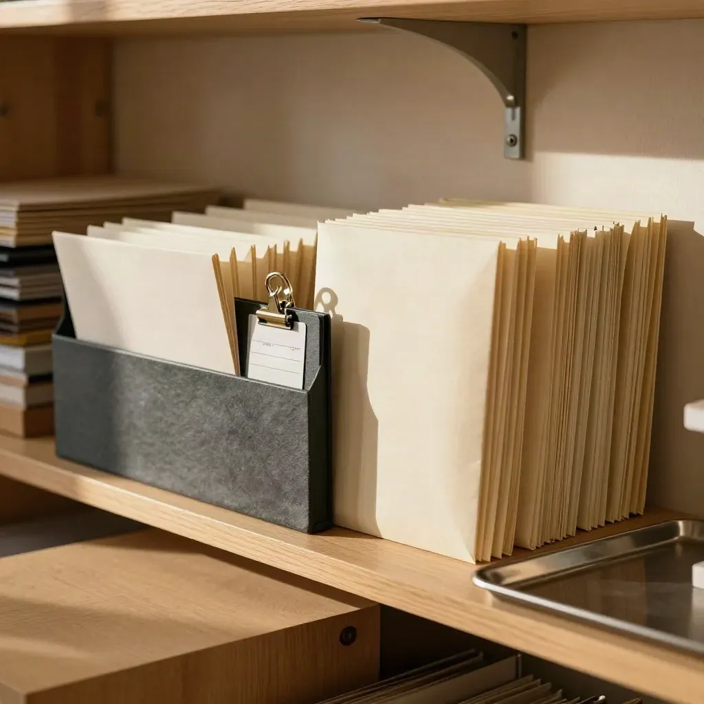 Warm shelf with claim envelopes, ledger box, and dividers in tidy order.