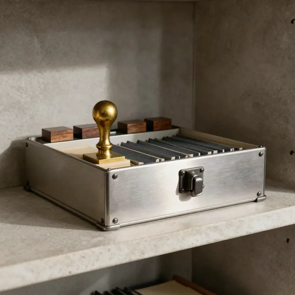 Locked archive tray, date blocks and brass stamp in a moody stone records alcove