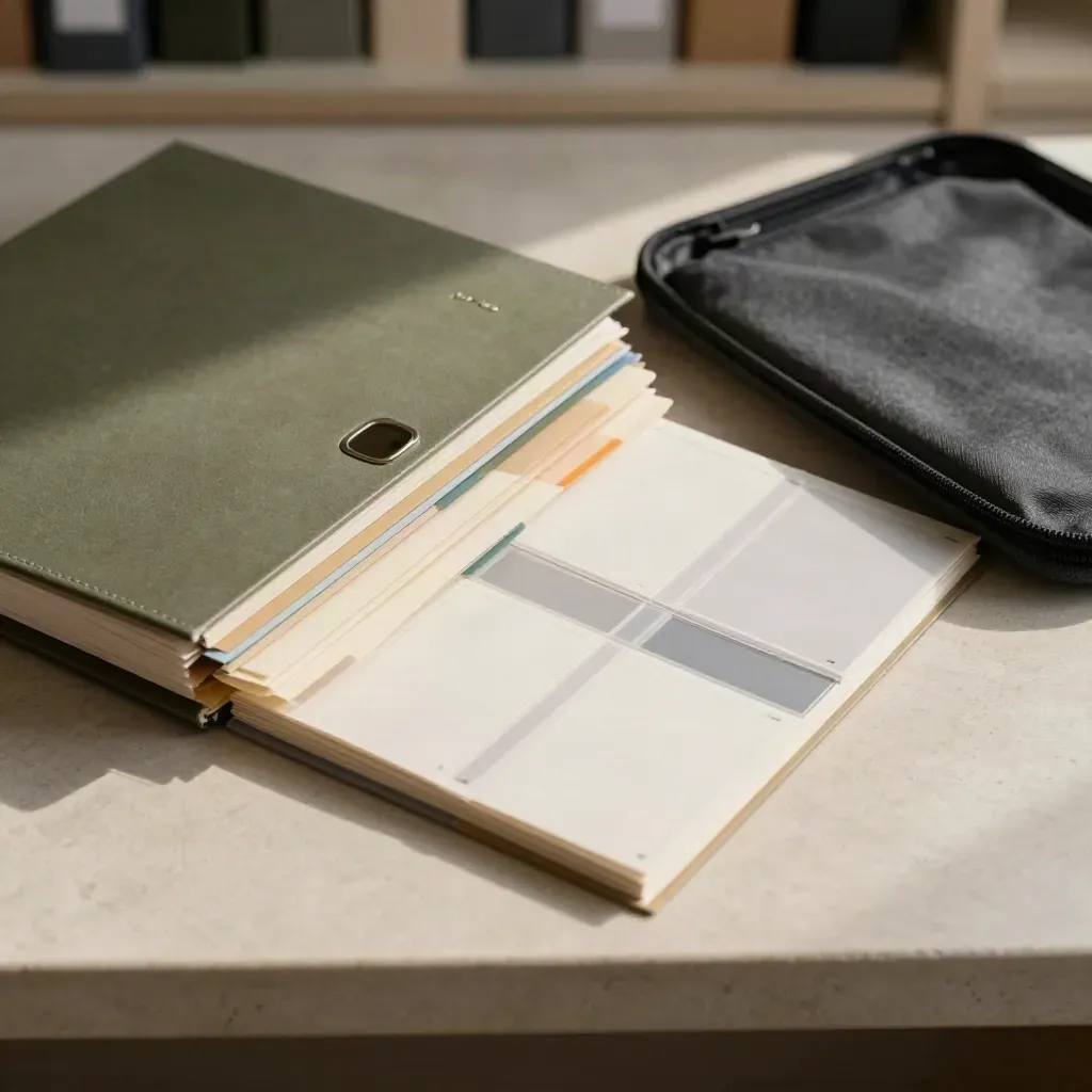 Colour-tabbed binders, blank sleeve dividers and a zip case on pale stone in dramatic light.