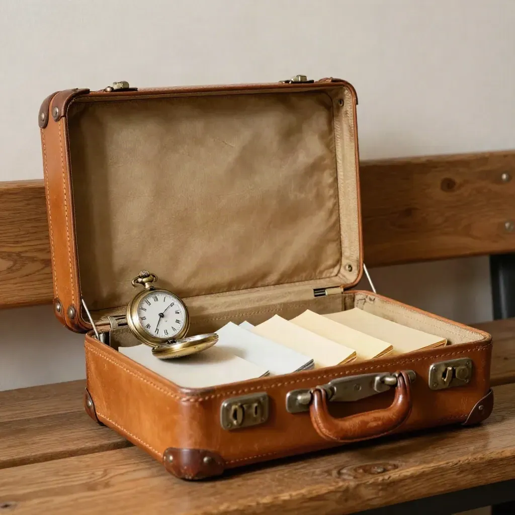 Opened leather briefcase with brass pocket watch and folded ivory cards on an oak bench.