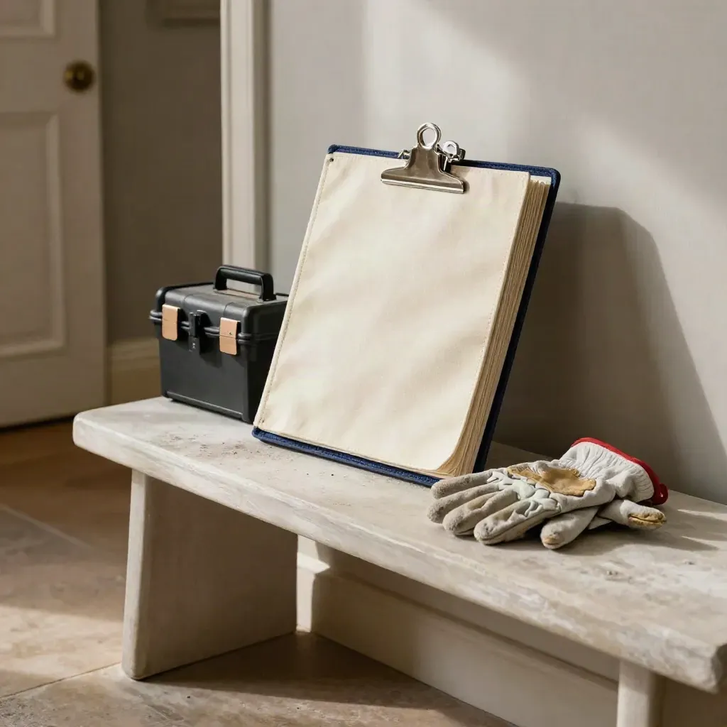 Court prep folio, gloves, clips and case by a dusty doorway in muted daylight