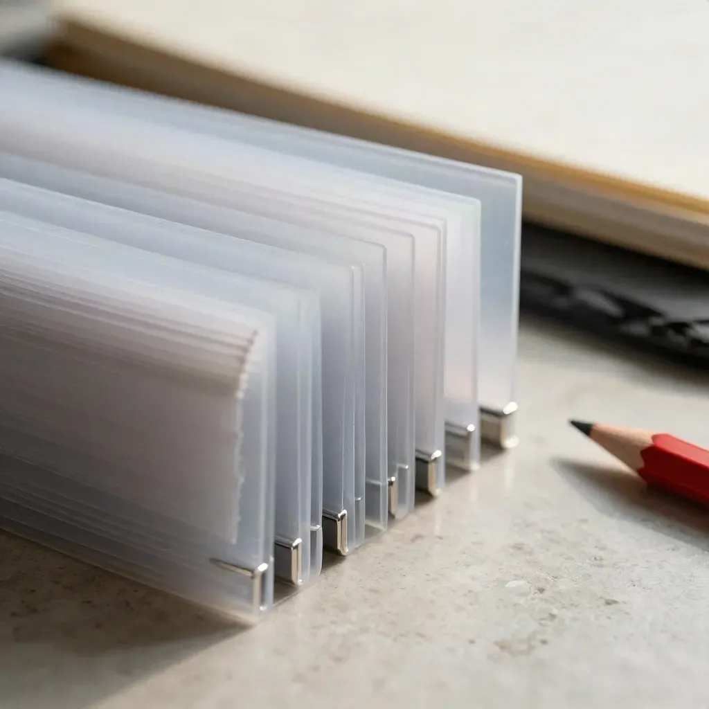 Macro review set of translucent sleeves, silver clips and a red pencil on a pale desk