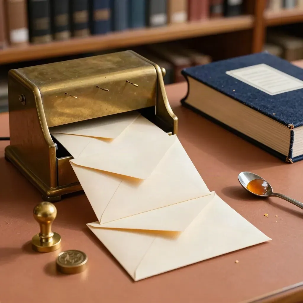 Brass document sorter with sealed envelopes, wax seal kit and navy-lined directory box in soft daylight.