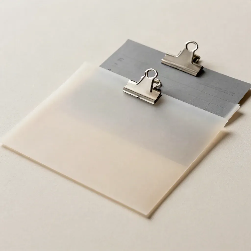 Translucent document sleeves with silver clips and a turned-away checklist card on pale plaster.