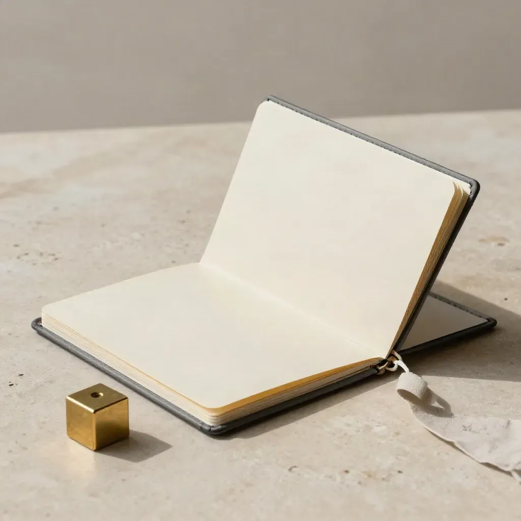 Accordion folder with three divider tabs and a brass date cube on a limestone surface.