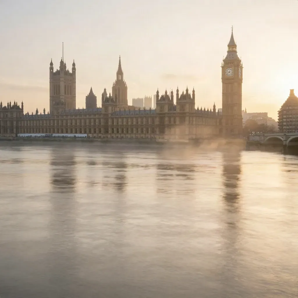 Hazy golden Thames skyline with Westminster and the South Bank above a calm river