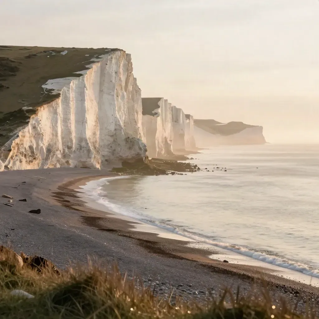 Sunlit white chalk cliffs above a misty shore, with calm shingle and pale sea.