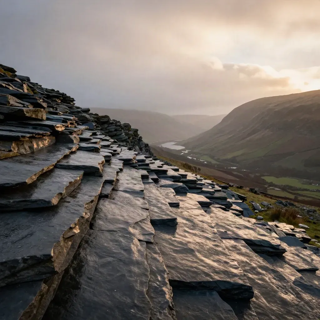 Lake District slate ridges above a misty valley after rain, late evening light.
