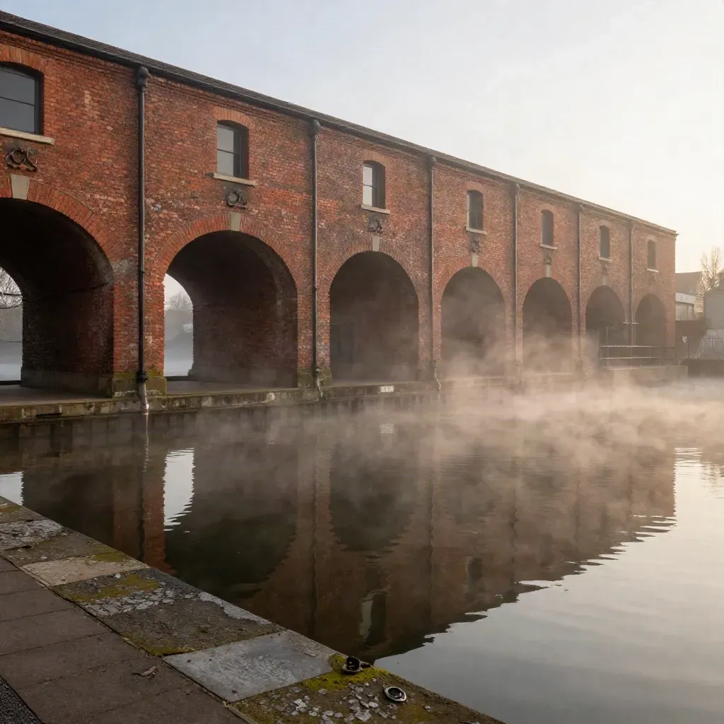 Foggy dawn canal basin with red-brick arches and calm reflective water