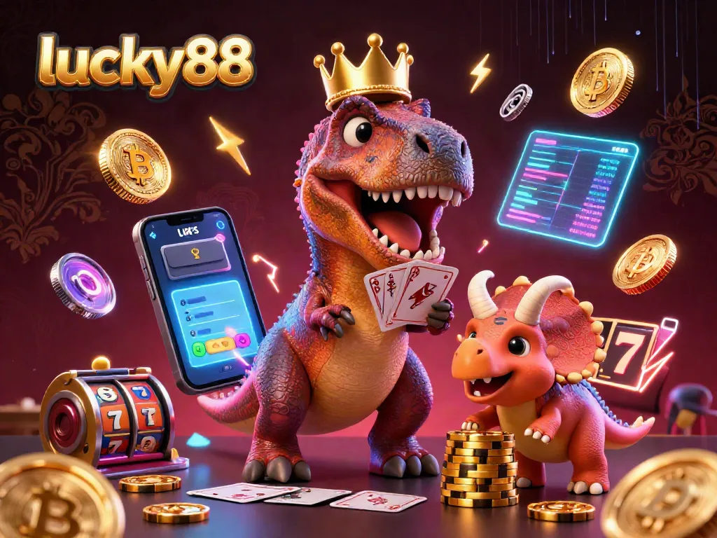 Engage with lucky88 as a vibrant T-Rex shuffles cards, while a pterodactyl and triceratops enhance the casino fun.