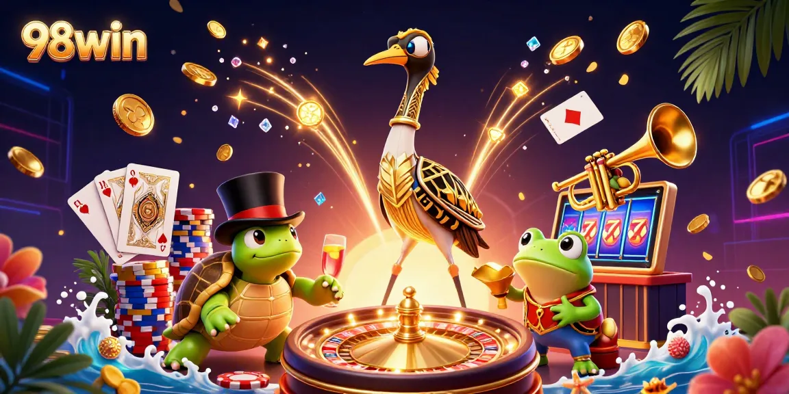 Experience 98win's vibrant casino atmosphere filled with golden coins and playful characters.