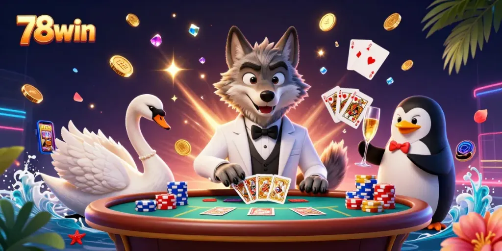 Engage with 78win's vibrant casino illustration showcasing debonair characters amidst a rich gaming atmosphere.
