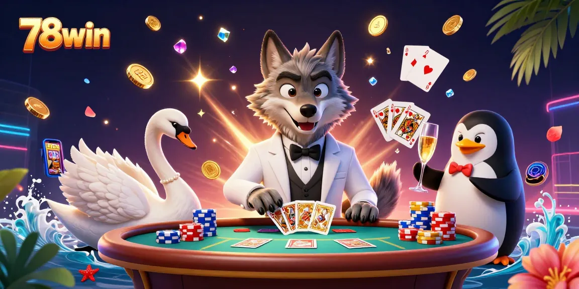 Engage with 78win's vibrant casino illustration showcasing debonair characters amidst a rich gaming atmosphere.