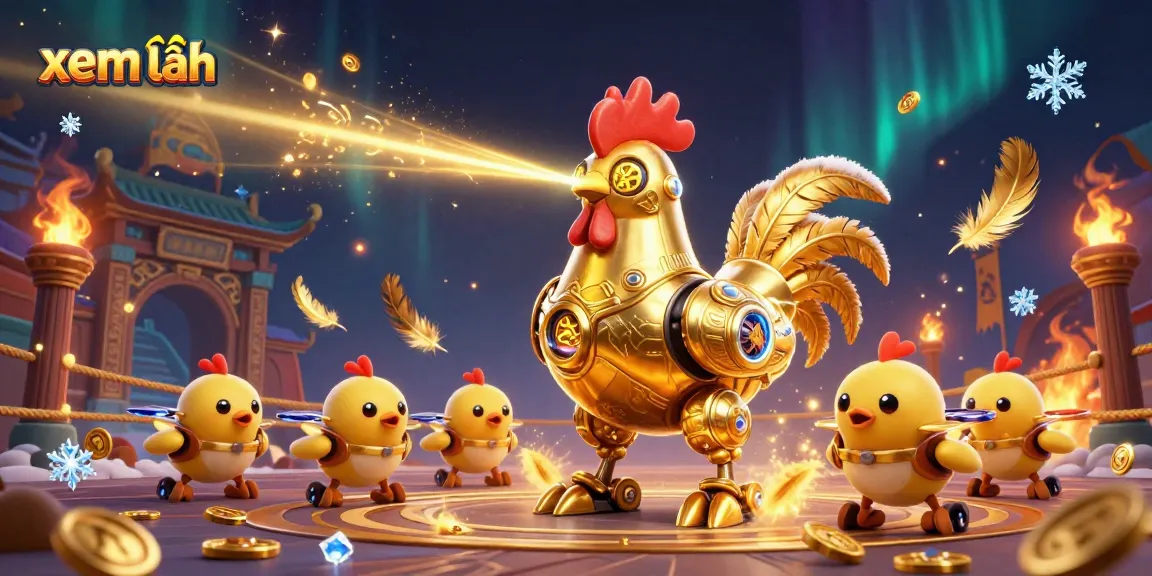 Engage with 'xem thêm' elements of a vibrant 3D casino world featuring golden feathers, tokens, and lively characters.