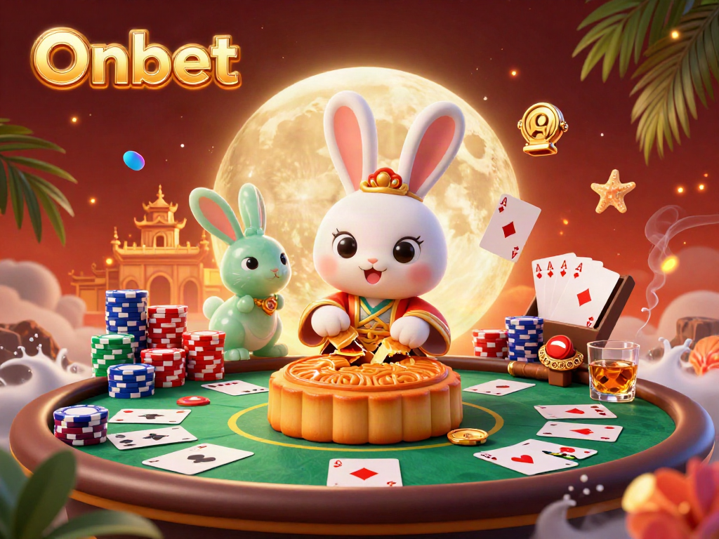 Onbet showcases a moon rabbit illustration blending poker elements with a captivating lunar theme.