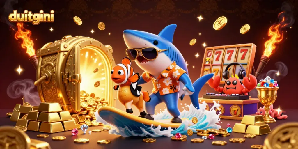 Duitgini's engaging loan application scene with casino elements featuring a shark and clownfish.