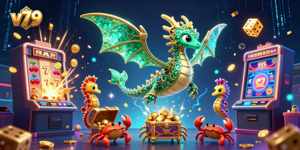 Experience the thrill of online gaming with v79's vibrant 3D casino illustration featuring a majestic sea dragon and bonuses.