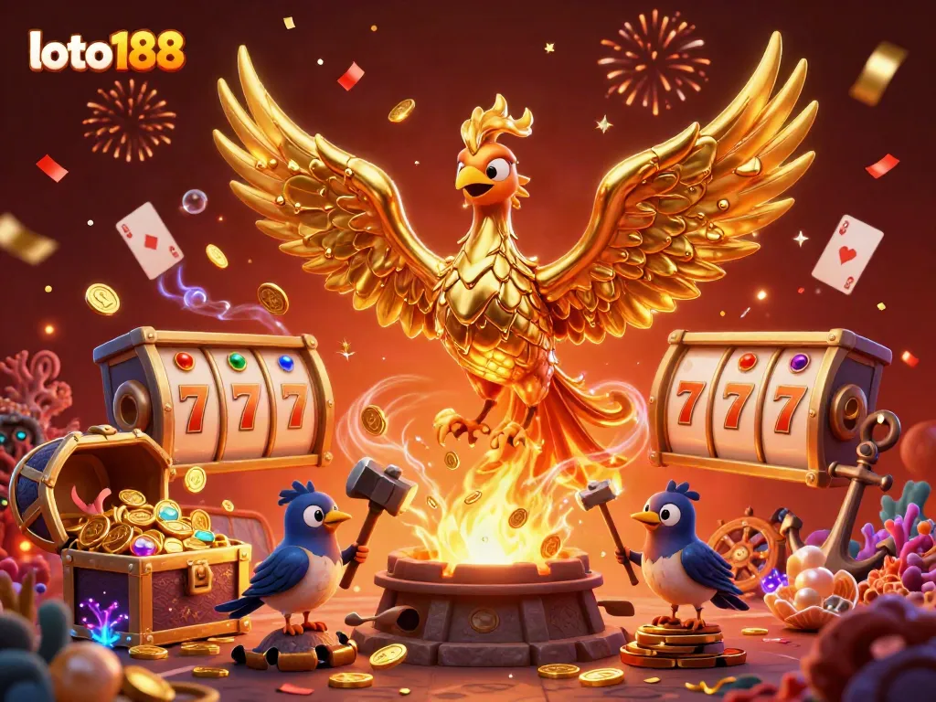 Loto188's golden phoenix symbolizing luck and wealth in a vibrant casino scene with slot elements.