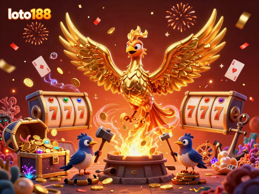 Loto188's golden phoenix symbolizing luck and wealth in a vibrant casino scene with slot elements.