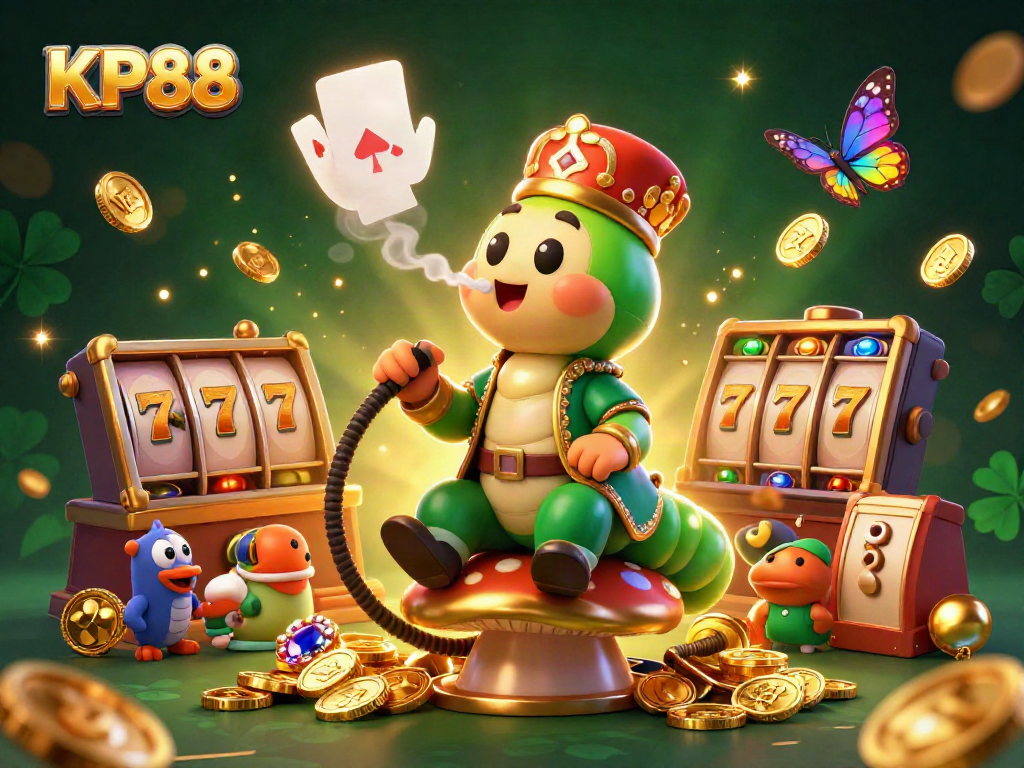 Engage with KP88 in a vibrant, immersive online casino scene filled with dynamic slots and golden coins.