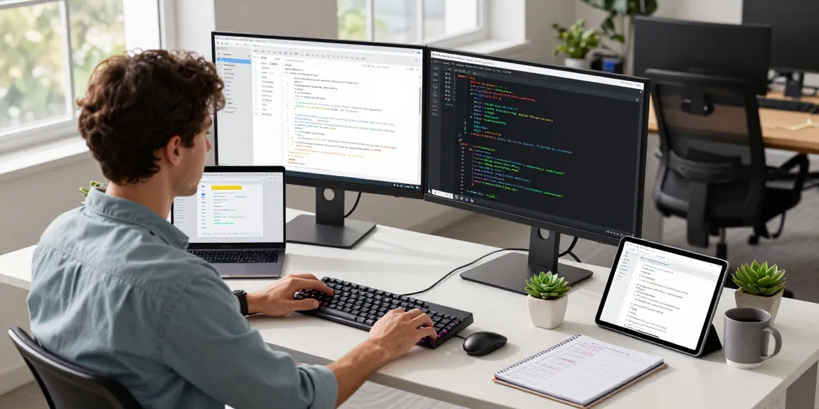 Build internal tools with AI in a vibrant software development workspace featuring dual monitors and implementation plans.